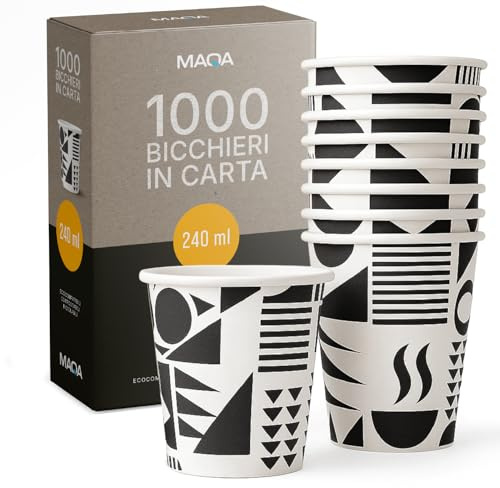MAQA - 1000 Bicchieri Acqua in Carta Da 240 ml, Biodegradabili Monouso -Made in Italy- Bicchieri Carta per Bevande Calde o Fredde, Ideali Per Asporto, Ufficio, Bar, Hotel, Riciclabili