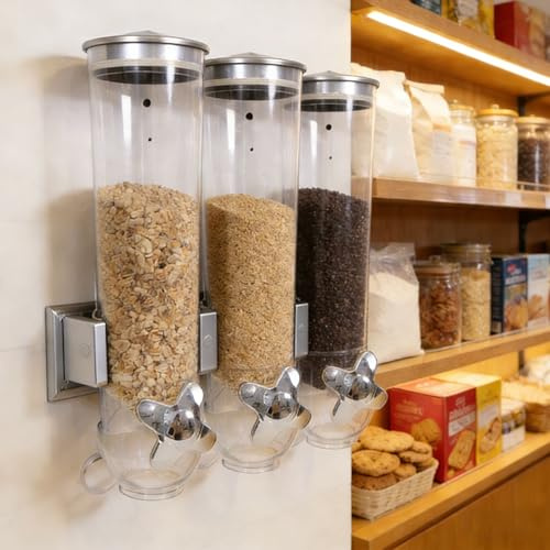 Distributeur De Cereales Mural, Distributeurs D'aliments Secs, Distributeurs De Bonbons Grande Capacité, Distributeur Transparent De Grains pour Cuisine, Flocons D'avoine(Silver,Triple Head 5.4L)