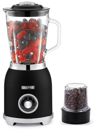 GEEPAS Retrovive 2-in-1 Food Jug Blender | Smoothie Maker with 1.5L Glass Juice Jar & Mini Coffee Spice Grinder Mill | 6 Stainless Steel Ice Crusher Blades | 2 Speed with Pulse Safe Lock | 800W Black