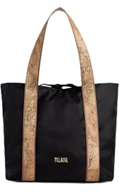 Alviero Martini 1. Klasse Einkaufstasche, wendbar, Schwarz/Champagner, Geo-Druck Weltkarte, 40 x 30 x 13 cm, sportlicher Stil