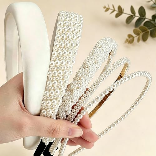 Lot de 5 Bandeaux de Perles pour Femmes Fille Tendance Serre Tete Blanches Perle Bandeau de Mariée Élégants Antidérapants Serre-tête Accessoires de Cheveux Cadeaux pour Mariage Anniversaire Fête