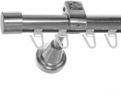BASIT Gardinenstange Innenlauf Edelstahllook 20mm 1-läufig Wand 200cm H50I | Gardinenstangenset einläufig Wandmontage Metall Vorhangstange Wandhalterung 120-600cm wählbar Kappe E30