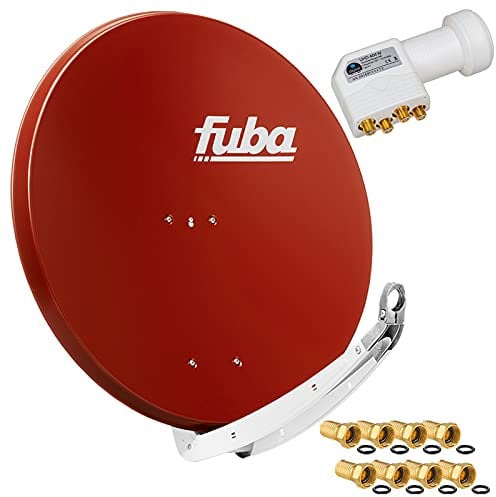 FUBA 4 Teilnehmer Digital SAT Anlage DAA850R Ziegelrot + Hochwertiger Quad LNB weiß + 8 Vergoldete F-Stecker