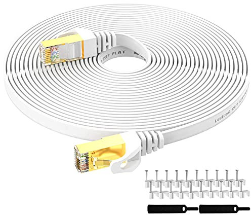 Lovicool Cat 7 Ethernet Cable 20m,High-Speed Flat Cat7 Gigabit RJ45 LAN Patch Cord 65ft with 10Gbps 600Mhz/s FTP POE for Internet, Router, Modem, Smart TV, PC & Laptop PS5 PS4 Switch Modem-White