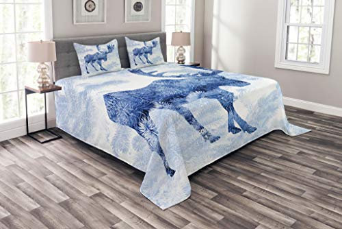 ABAKUHAUS Elch Tagesdecke Set, Blauer Winter Antlers Baum, Set mit Kissenbezügen Waschbar, für Doppelbetten 220 x 220 cm, Blau Weiß