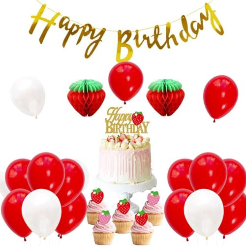 JOYMEMO Erdbeer Thema Geburtstag Party Dekoration Set für Mädchen, Papier Wabenball, Alles Gute zum Geburtstag Banner Folienballons, Cake Toppers