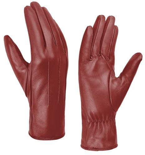 Harssidanzar Damen Lederhandschuhe Winter Warmes Kaschmirfutter Touchscreen Vintage Finished GL017EU,Rot,Größe XL
