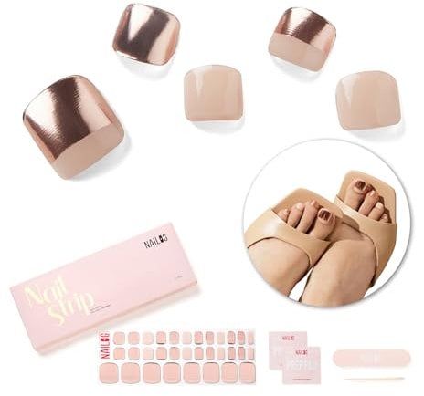 NAILOG Semi Cured Gel Nail Strips, Toe Nail Polish Strips with Glossy Gel Finishing | 32 Pieces Long Lasting Pedi Nail Wrap | Beige Nude, Golden Foil | Mermaid