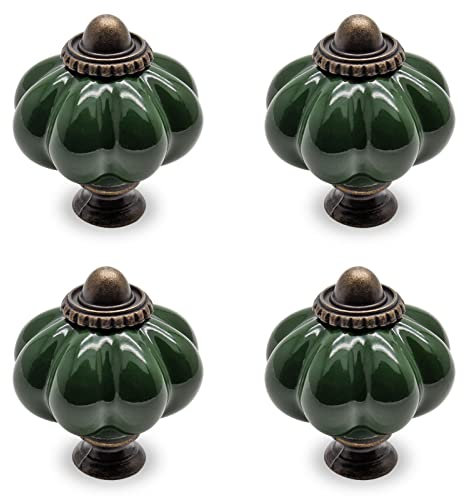 Seimneire 4pcs Dark Green Vintage Ceramic Pumpkin Cabinet Knobs, Drawer Knobs & Pulls with Mounting Screws