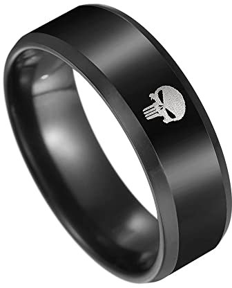 BlackAmazement 316L Edelstahl Ring Totenkopf Death Skull Schädel 8mm Stufenkante schwarz Damen Herren (63 (20,1))