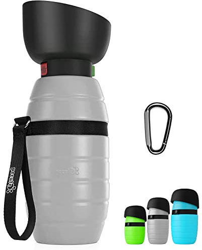 Pecute Botella de Agua para Mascotas (Gris 650ml) con Cuenco de Agua Plegable Botella de Agua de Silicona de Grado Alimentario para Perros Gatos, 100% Libre de Fugas de Agua