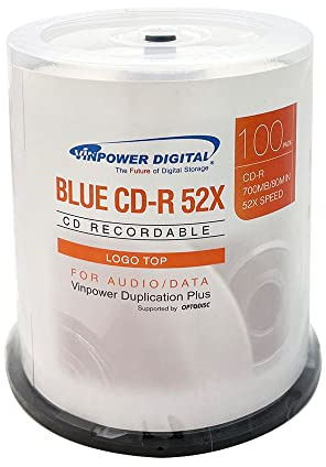Vinpower Digital Logo Top Blue AZO CD-R 700MB 52X Recordable Media Disc 100pk Cake Box (FFB), 100 Discs