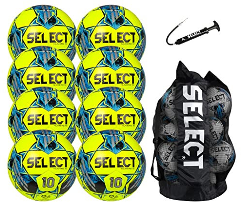 Select Numero 10 Fußball, 8 Bälle mit Ballsack und Handpumpe, Gelb/Blau V22, Größe 5