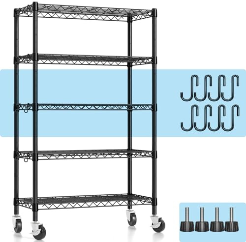 Hodonas Drahtregal, 860 kg Tragkraft, 5 Etagen, robustes NSF-Drahtregal mit rollenden Rädern, schwarzes Metall, verstellbare Drahtablage, 91,4 cm B x 35,6 cm T x 183,9 cm H für Küche, Bad, Garage,