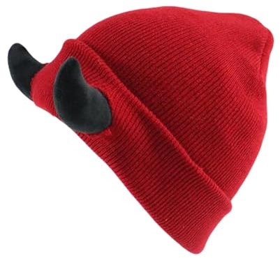 Russen Mütze Teufel Hörner Männer Hut Gestrickte Beanie Mit Hörnern Frauen Hip Hop Daemon Hörner Kappe Für Winter Warme Ski Outdoor Fellmütze (Red, One Size)