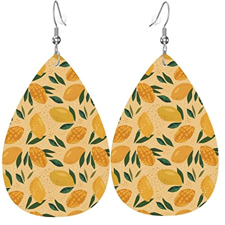 Ohrringe Frucht, Von, Mango, Und, Blätter, Pattern Ohrringe Baumeln Dekorative Leichte Leder Ohrringe Mode Leder Ohrringe Für Einheitsgröße Frauen Schmuck