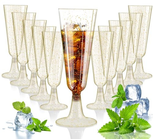 Sektgläser Plastik 50 Stück 150ml Sektgläser Kunststoff Gold Glitter Wiederverwendbar Hochwertig Sektflöten Champagnerflöten Plastik Cocktailgläser Sektbecher für Hochzeit Geburtstage Partys Camping