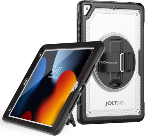 TECHGEAR JOLT-SHELL - Custodia per Apple iPad 10,2 2021 2020/2019 [9a/8a/7a generazione] e iPad Air 3 10,5, resistente, sottile, antiurto, con supporto rotante a 360 gradi e custodia da polso,