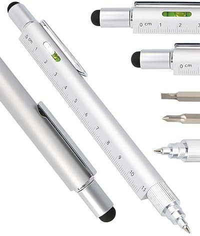 Online Männer Geschenk Stift 6-in-1 Silber I Multitool Stift mit verschiedenen Funktionen I Multifunktions-Kugelschreiber und Werkzeug I Geschenk für Vatertag, Hausbau, Handwerker, Papa