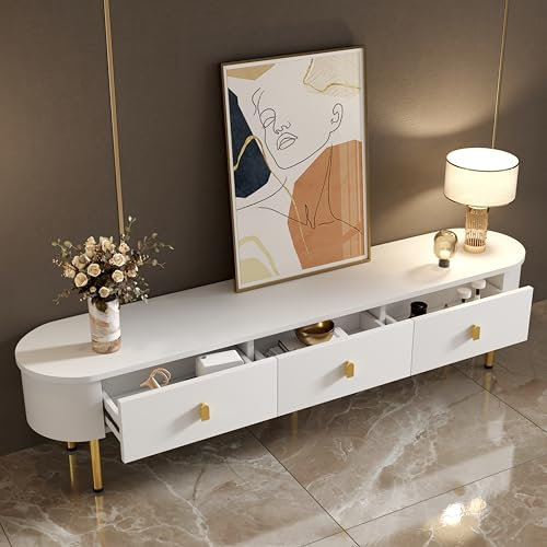 Oxtao Lowboard, Mobile TV con cassetti, maniglie e gambe dorate, angoli curvi, bianco (mobile TV bianco)