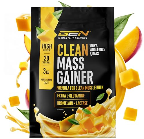 GEN GERMAN ELITE NUTRITION Clean Weight Gainer - 3 kg | Mango Lassi - für Massephase & Zunehmen - Kohlenhydrate & Protein - Laborgeprüft - Vegetarisch