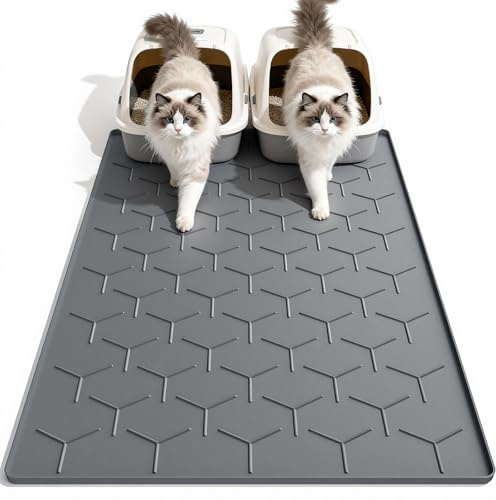 Garoopion Katzenklo Matte, Silikon Streu Unterlage XXL, 102x71cm Dunkelgrau | wasserdichte Katzenstreu Matte, leicht zu Reinigen, Katzenmatte Katzenklo zum Auffangen, Rutschfester Unterleger mit Rand
