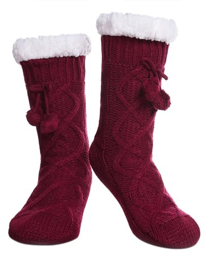 Classic Knit Slipper Socks for Women – Long Fleece-Lined Boot Socks, Non-Slip Cosy House Socks for Winter Warmth & Comfort (Burgundy, Adult, Women, One Size, Alpha, UK Footwear Size System, Medium)