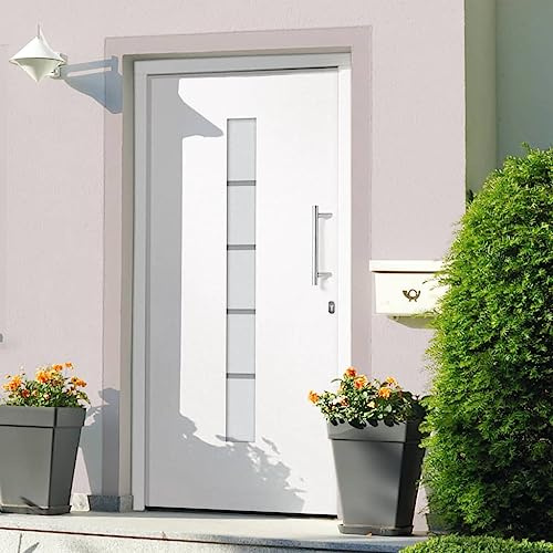 Porta d'ingresso in PVC in alluminio, 100 x 210 cm, con serratura di sicurezza a 5 posizioni e vetri isolanti per sicurezza ed efficienza energetica, set di montaggio completo con maniglia scorrevole