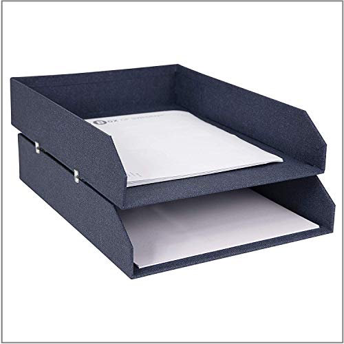 Bigso Box of Sweden Hakan 2er-Set Briefablage für den Schreibtisch – stapelbare Ablagefächer für Briefe, Dokumente usw, – Ordnungssystem aus Faserplatte mit Papier in Leinenoptik – blau
