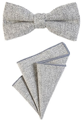 DonDon Herren Fliege 12 x 6 cm mit farblich passendem Einstecktuch 23 x 23 cm beides aus Baumwolle im Tweed Look hellgrau kariert