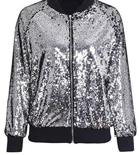 Cray Girls Womens Ladies Sequin Bomber Jacket Zip Up Stylish Party Bling Baseball Biker Coat Outwear UK 8-18 (12-14, Silver)