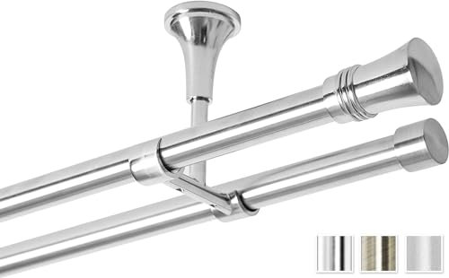Rollmayer elegant und modern Edelstahl Vorhangstange/Gardinenstange Ø 19mm Rohr (160cm Capri, Edelstahl, Deckenbefestigung, 2-läufig) verschiedene Größen und Endstücken. Ohne Ringe!