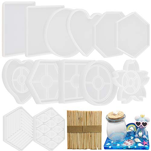 FUNSHOWCASE Lot de 65 moules à sous-verre en résine époxy - Grand format rectangulaire - 15,2 à 20,3 cm - Cercle carré - Cœur octogonal hexagonal - 13 formes géométriques - Bâtons d'artisanat