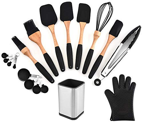 Ustensiles De Cuisine Silicone,Silicone Bois Ustensiles De Cuisine Spatule Brosse Grattoir Pâtes Serveur Gants Batteur À Oeufs Noir Cuisine Outils De Cuisine Ustensiles De Cuisine-12PCS