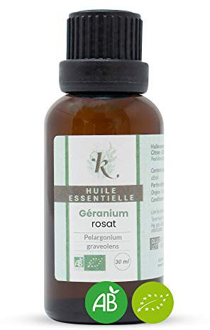 KLARCHA - Géranium Rosat 30 ml - Huile Essentielle Artisanale Bio HEBBD - 100% Pure et Naturelle - Issue de l'Agriculture Biologique - Labellisée ECOCERT - Sans OGM - Conditionnée en France
