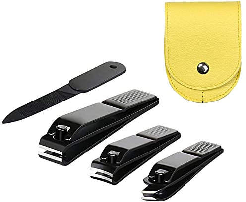 Lot de 4 coupe-ongles ultra tranchants, robustes en acier inoxydable noir, coupe-ongles et lime avec pochette de voyage en cuir (pochette noire et jaune)