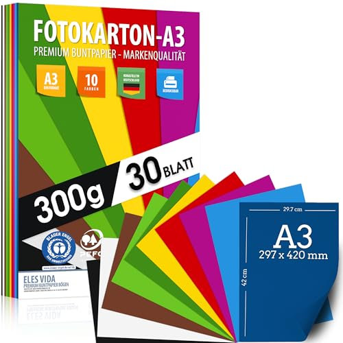 30 Blatt BUNTES PAPIER DIN A3-300g/m² Fotokarton Set 10 Farben - Bastelpapier & Farbige Blätter Pappe, Kinder & DIY Bogen, Basteln für Fotoalbum - BLAUER ENGEL & PEFC zertifiziert - MADE IN GERMANY