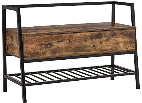 HOMCOM Schuhbank Sitzbank Sitztruhe mit 2 Ablagen Eingangsbereich großer Lagerraum Industriedesign Spanplatte Metall Rustikales Braun+Schwarz 90 x 37 x 60 cm