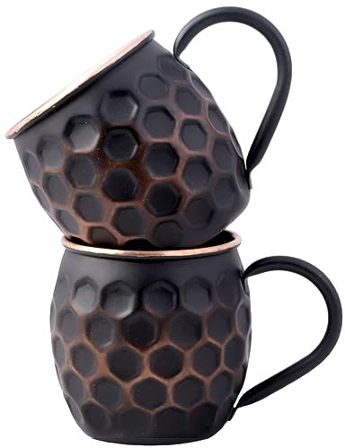 Staglife 16 Oz Honeycomb Black Moscow Mule Mugs, Real Solid Copper Cups for Drinking Moscow Mules, Handcrafted Copper Mug Cup, Gift Set of 2 for Men, Unlined