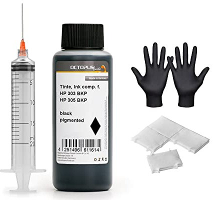 Octopus Nachfülltinte kompatibel für HP 303 und HP 305 Tintenpatronen, DeskJet 2700, Plus 4100, Envy 6000, Pro 6400 schwarz pigmentiert 100 ml mit Spritze