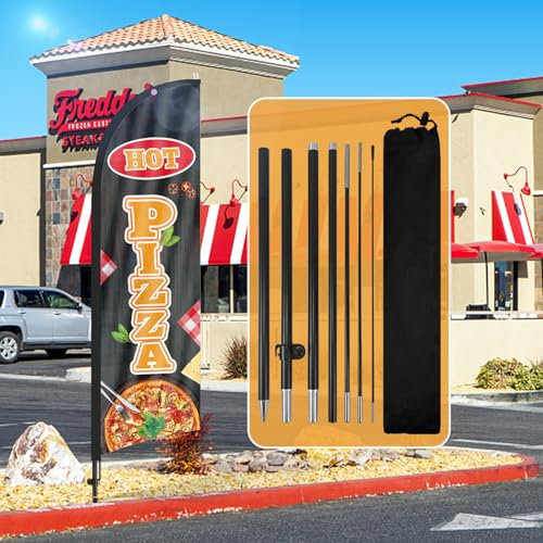QSUM Pizza-Federflagge,8FT Pizza-Werbe-Swooper-Flagge mit Stangen-Set, Erdspieß,Pizza-Schilder für Unternehmen und Schaufenster(schwarz)