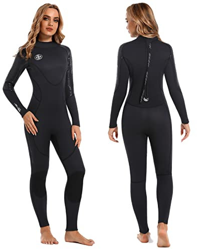 Traje de neopreno para mujer, traje húmedo de neopreno de 3 mm, equipo térmico de buceo con cremallera trasera, ultra elástico, traje de baño negro, manga larga, cuerpo completo, buceador, talla L