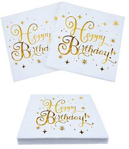 Happy Birthday Servietten, 60 Stück Servietten Geburtstag, Papierservietten Papier Napkins 33x33cm,für Mann Frau Mädchen Geburtstag Party Deko (Weiß+Gold)
