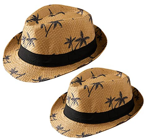 Winmany 2PCS Famille Matching Chapeaux de Paille Hawaiian Sun Hat Tree Print Parent-Child Beach Roll Up Cap pour Femmes Hommes Garçons Filles (Arbre Kaki)