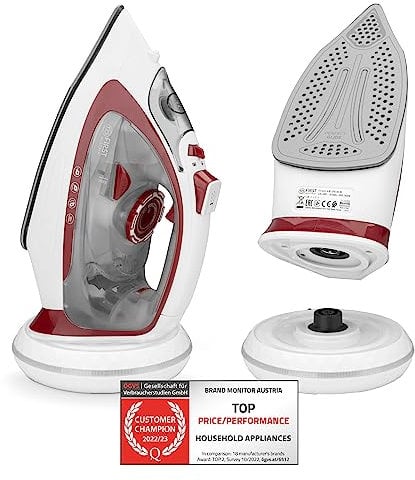 TZS First Austria - Plancha de vapor sin cable con estación 2400W - Con depósito de 450 ml, sistema antigoteo, temperatura e intensidad regulable y suela de cerámica - Con vapor vertical