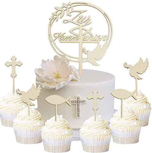 HOWAF 7-teilige Kommunion Cake Topper Set: 1 großer Cake Topper + 6 Cupcake Topper, Holz, Naturfarben, perfekt für Taufe, Konfirmation, Erstkommunion & Co.
