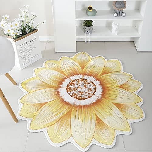 Morbuy Teppich Wohnzimmer Flauschig Weich Gänseblümchen Teppich Nordische Blumenform Runde Bodenmatte Waschbar rutschfest Shaggy Teppiches für Schlafzimmer Dekoration (120cm,Gelb)