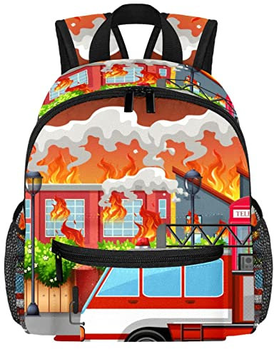 DJROW Rucksack für Kinder, Reisen, Dorf auf Feuerwehr, roter Feuerwehrwagen, Schultasche, Kindergarten, Kleinkinder, Vorschule, Kindergarten, Snack, Kindergarten, mehrfarbig, Small