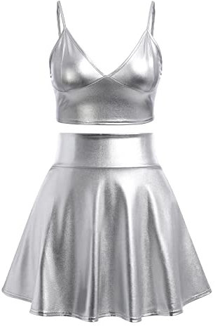 Alien Kostüm Damen Silber Frauen Sexy Metallic Glitzer Bauchtanz Oberteil Crop Top+Faltenrock Mini Skater Röcke Kawaii 90er Jahre Burning Halloween Karneval Party Festival Rave Outfit Silber XXL