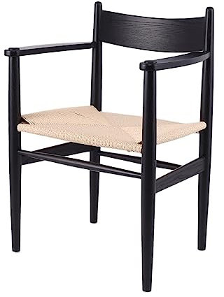TemkIN Rattan Chair, Indoor Leisure Single Chairs, Solid Wood Braided Rope Backrest Armrest Dining Chair, Home Leisure Dining Chair